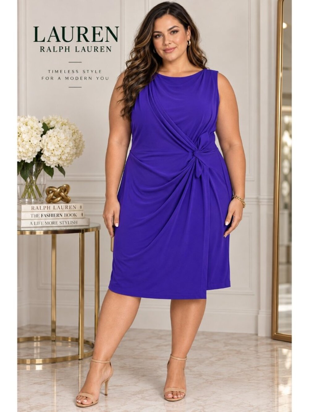 Lauren Ralph Lauren Purple Violet Draped Knot Cocktail Dress Plus Size 18 NWT